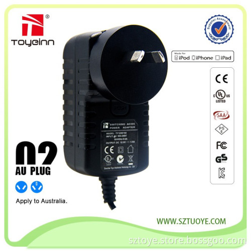 AC/DC Interchangeable Power Adapter 15W 6V 2.5A with UK/US/EU/AU Plug FCC/UL/RoHs/SAA Approved